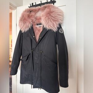 Ozlana Black Puffer Parka with Pink Fur-Trim Hood